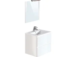 Meuble de salle de bain NELI 2 tiroirs 60 cm blanc brillant T-BATH Inclus lavabo, miroir et applique LED