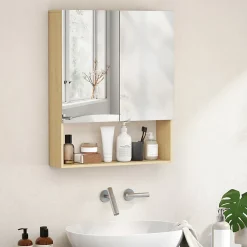Meuble de salle de bain, portes miroir, étagère ouverte, fixation murale, MDF, aggloméré, chêne