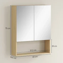 Meuble de salle de bain, portes miroir, étagère ouverte, fixation murale, MDF, aggloméré, chêne