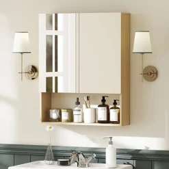 Meuble de salle de bain, portes miroir, étagère ouverte, fixation murale, MDF, aggloméré, chêne