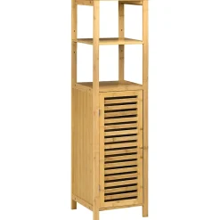 Meuble de salle de bain réglable en hauteur, meuble de salle de bain en bambou, avec deux étagères ouvertes, bois naturel