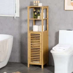 Meuble de salle de bain réglable en hauteur, meuble de salle de bain en bambou, avec deux étagères ouvertes, bois naturel