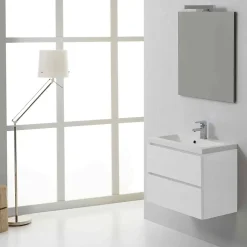 Meuble De Salle De Bain Suspendu 60Cm 2 Tiroirs Blanc, Lavabo En Résine Et Miroir 60X70 - Manhattan