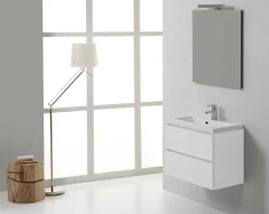 Meuble De Salle De Bain Suspendu 60Cm 2 Tiroirs Blanc, Lavabo En Résine Et Miroir 60X70 - Manhattan