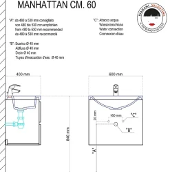 Meuble De Salle De Bain Suspendu 60Cm 2 Tiroirs Blanc, Lavabo En Résine Et Miroir 60X70 - Manhattan