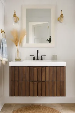Meuble de salle de bain sous vasque suspendu STELLA coloris noyer 80 cm façades rainurées