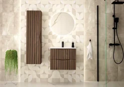Meuble de salle de bain sous vasque suspendu STELLA coloris noyer 80 cm façades rainurées