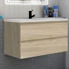 Meuble de salle de bain suspendre avec vasque 2 tiroirs fermeture amortie, meuble de rangement bois clair, 100cm