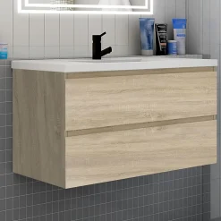 Meuble de salle de bain suspendre avec vasque 2 tiroirs fermeture amortie, meuble de rangement bois clair, 100cm
