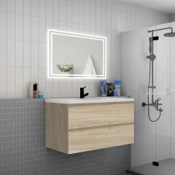 Meuble de salle de bain suspendre avec vasque 2 tiroirs fermeture amortie, meuble de rangement bois clair, 100cm