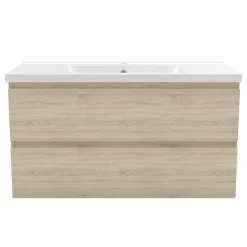 Meuble de salle de bain suspendre avec vasque 2 tiroirs fermeture amortie, meuble de rangement bois clair, 100cm