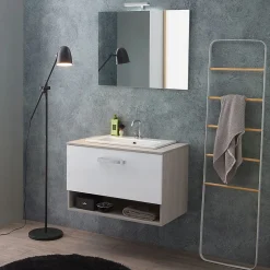 Meuble De Salle De Bain Suspendu Lotto 80Cm Chêne Gris Avec Façade Blanche Et Lavabo Au-Dessus