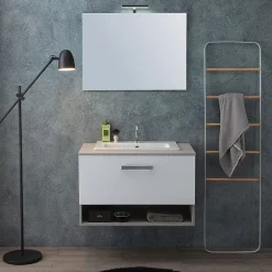 Meuble De Salle De Bain Suspendu Lotto 80Cm Chêne Gris Avec Façade Blanche Et Lavabo Au-Dessus