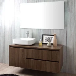 Meuble De Salle De Bain Suspendu 120Cm, Porte Et 2 Tiroirs En Noyer Foncé, Lavabo À Poser Et Miroir 120X70 - Siena