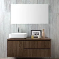 Meuble De Salle De Bain Suspendu 120Cm, Porte Et 2 Tiroirs En Noyer Foncé, Lavabo À Poser Et Miroir 120X70 - Siena