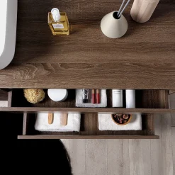 Meuble De Salle De Bain Suspendu 120Cm, Porte Et 2 Tiroirs En Noyer Foncé, Lavabo À Poser Et Miroir 120X70 - Siena