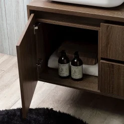 Meuble De Salle De Bain Suspendu 120Cm, Porte Et 2 Tiroirs En Noyer Foncé, Lavabo À Poser Et Miroir 120X70 - Siena