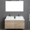 Meuble De Salle De Bain Suspendu 4 Portes Chêne Naturel, Plateau Blanc, 2 Lavabos Décoratifs Et Miroir Avec Lampe - Valentina