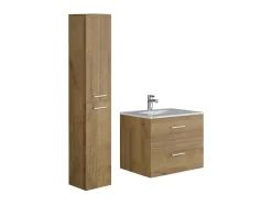 Meuble de salle de bain suspendu simple vasque avec colonne de rangement - Coloris naturel clair - 60 cm - KAYLA