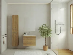 Meuble de salle de bain suspendu simple vasque avec colonne de rangement - Coloris naturel clair - 60 cm - KAYLA