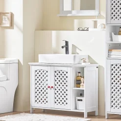 Meuble de Salle de Bain sous Lavabo 2 Portes avec Niche et Étagère Réglable en MDF Blanc