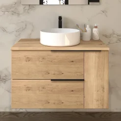 Meuble de salle de bain sans miroir avec vasque à poser ronde KING - Roble (chêne clair) - 80cm