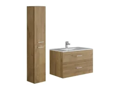 Meuble de salle de bain suspendu simple vasque avec colonne de rangement - Coloris naturel clair - 80 cm - KAYLA