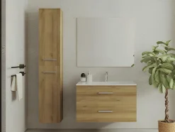 Meuble de salle de bain suspendu simple vasque avec colonne de rangement - Coloris naturel clair - 80 cm - KAYLA