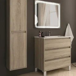Meuble de salle de bain simple vasque - 3 tiroirs - TIRIS 3C et miroir Led STAM - cambrian (chêne) - 80cm