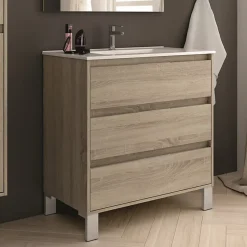 Meuble de salle de bain simple vasque - 3 tiroirs - TIRIS 3C et miroir Led STAM - cambrian (chêne) - 80cm