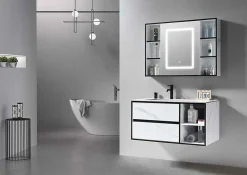 Meuble de salle de bain simple vasque 100cm blanc effet marbre avec miroir LED et colonne de rangement LB-6948 LuxuryBain-