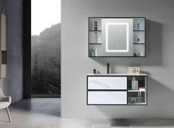 Meuble de salle de bain simple vasque 100cm blanc effet marbre avec miroir LED et colonne de rangement LB-6948 LuxuryBain-