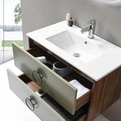 Meuble de salle de bain simple vasque 100cm bois et vert avec miroir LED LuxuryBain-