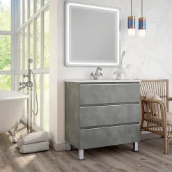 Meuble de salle de bain simple vasque - 3 tiroirs - PALMA et miroir Led VELDI - ciment (gris) - 60cm