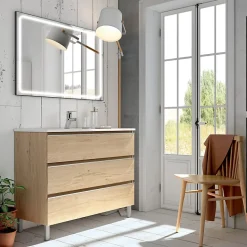 Meuble de salle de bain simple vasque - 3 tiroirs - PALMA et miroir Led VELDI - bambou (chêne clair) - 70cm