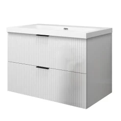 Meuble de salle de bain suspendu 80 cm, 2 tiroirs, avec vasque blanche,MDF blanc brillant