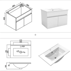 Meuble de salle de bain suspendu avec vasque à poser, meuble blanc 60 cm 2 portes