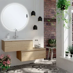 Meuble de salle de bain simple vasque - 2 tiroirs - PENA et miroir rond Led SOLEN - bambou (chêne clair) - 120cm