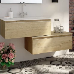 Meuble de salle de bain simple vasque - 2 tiroirs - PENA et miroir rond Led SOLEN - bambou (chêne clair) - 120cm