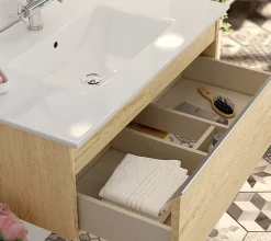 Meuble de salle de bain simple vasque - 2 tiroirs - PENA et miroir rond Led SOLEN - bambou (chêne clair) - 120cm