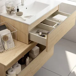 Meuble de salle de bain simple vasque - 2 tiroirs - PENA et miroir rond Led SOLEN - bambou (chêne clair) - 120cm