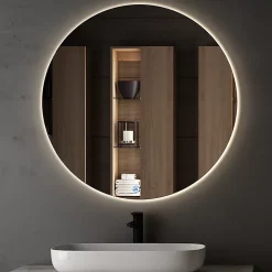 Meuble de salle de bain simple vasque - 2 tiroirs - PENA et miroir rond Led SOLEN - bambou (chêne clair) - 120cm