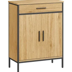 Meuble de salle de bain, étagères à deux niveaux, grand tiroir, style industriel, aspect chêne