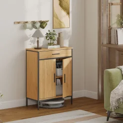 Meuble de salle de bain, étagères à deux niveaux, grand tiroir, style industriel, aspect chêne
