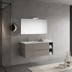 Meuble De Salle De Bains Suspendu 120Cm Avec Tiroirs Gris Frêne, Lavabo Asymétrique Et Miroir - New York
