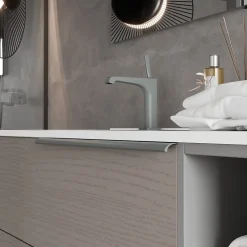 Meuble De Salle De Bains Suspendu 120Cm Avec Tiroirs Gris Frêne, Lavabo Asymétrique Et Miroir - New York
