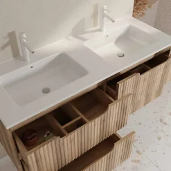 Meuble de Salle de Bains LEON 120cm Décor Bois - 4 Tiroirs en MDF Ondulés - Vasque à encastrer