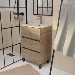 Meuble de salle de bains 50 cm TIMBER - Décor Chêne Naturel 3 tiroirs avec Vasque blanche