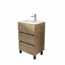 Meuble de salle de bains 50 cm TIMBER - Décor Chêne Naturel 3 tiroirs avec Vasque blanche