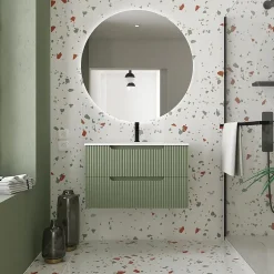 Meuble de Salle de Bains LEON 80cm Vert Olive - 2 Tiroirs en MDF Ondulés - Vasque à encastrer